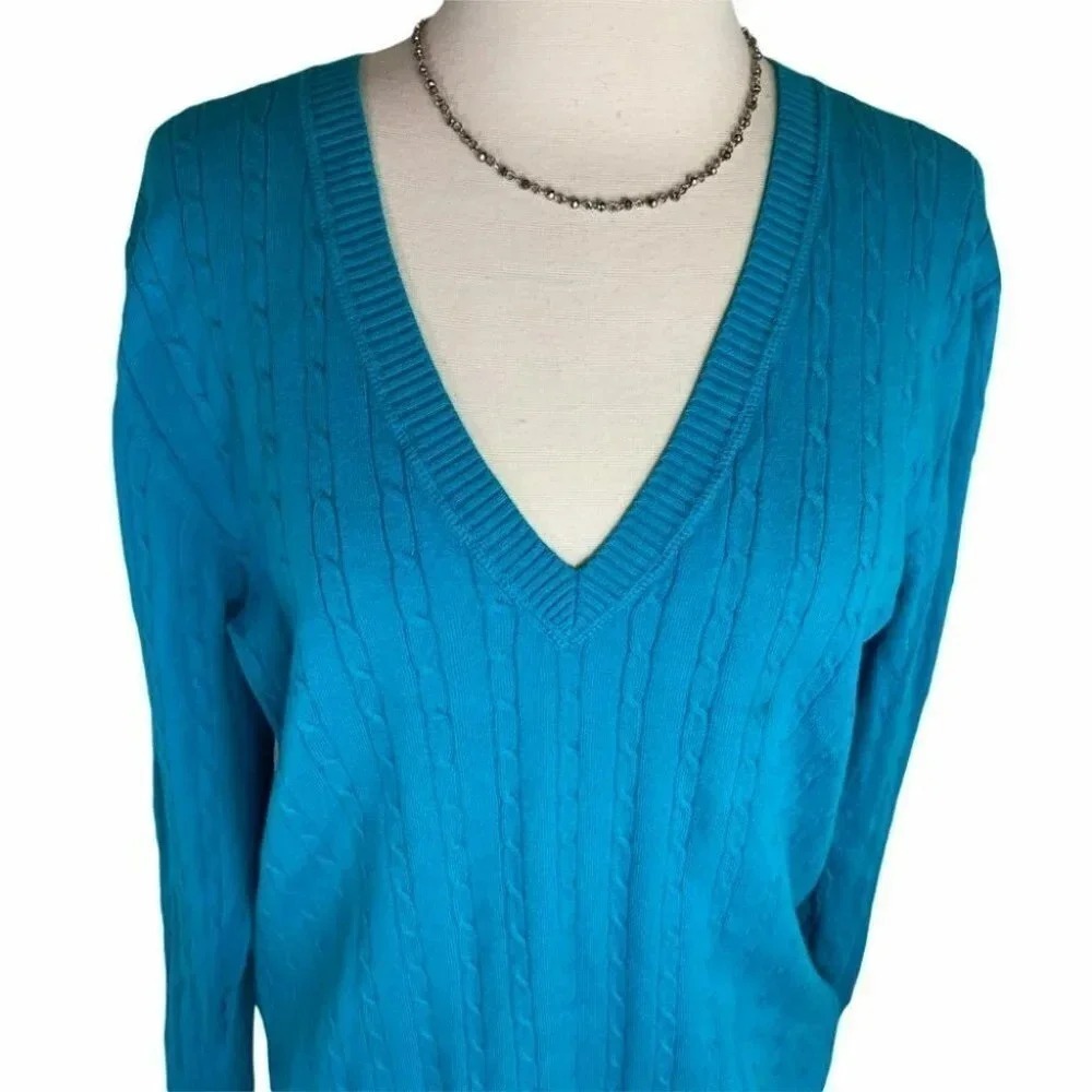 Old Navy Sweater XL Teal Blue Cable Knit V-Neck Long Sleeve Pullover